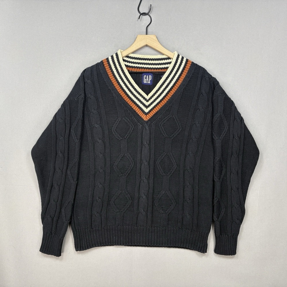 Vintage Gap Mens Cable Knit Cricket Sweater Navy Cream V-Neck Medium Tennis Ivy